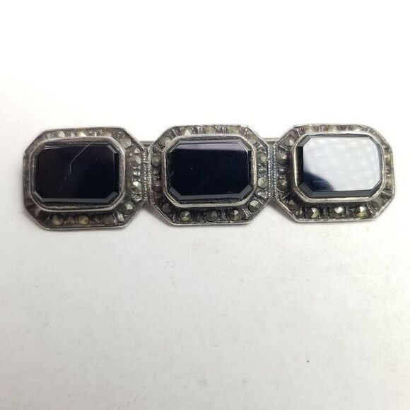 Vintage Sterling Silver Black Onyx and Marcasite Panel Bar Brooch, Estate - Picture 1 of 7